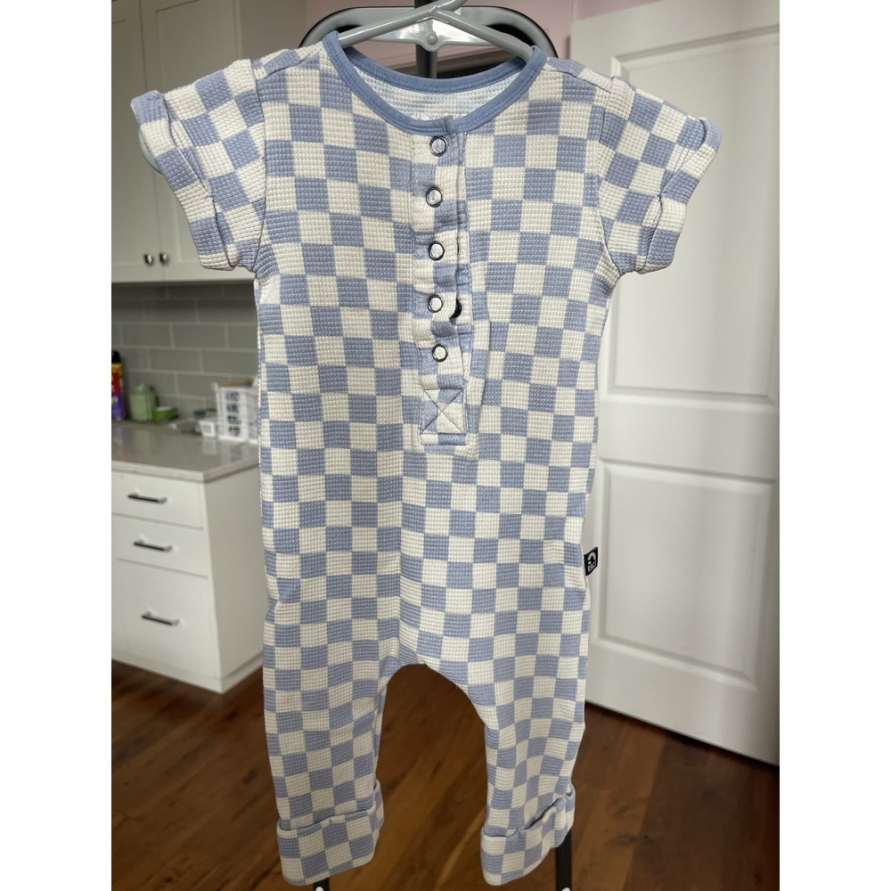 RAGS Cotton Knit Romper Check Short Sleeve Button 3-6M Blue/White